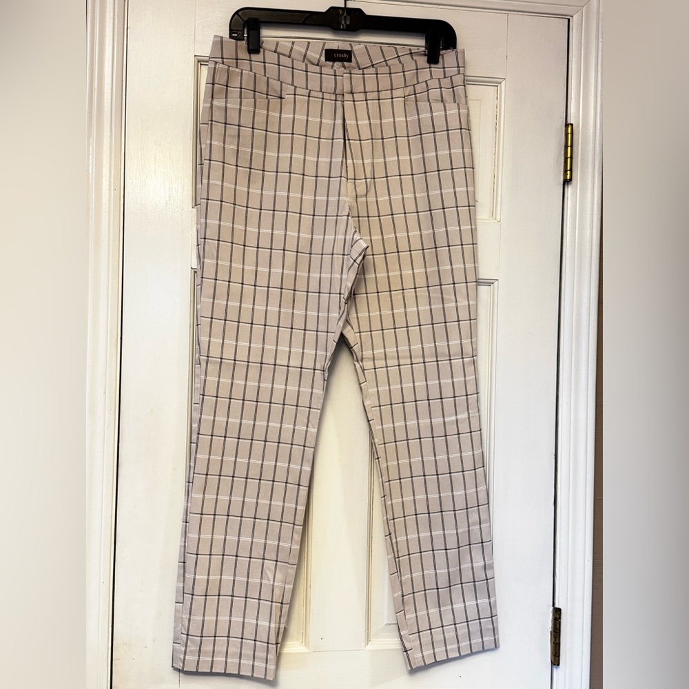 crosby. Women's Checkered Ankle Pants in Beige and White